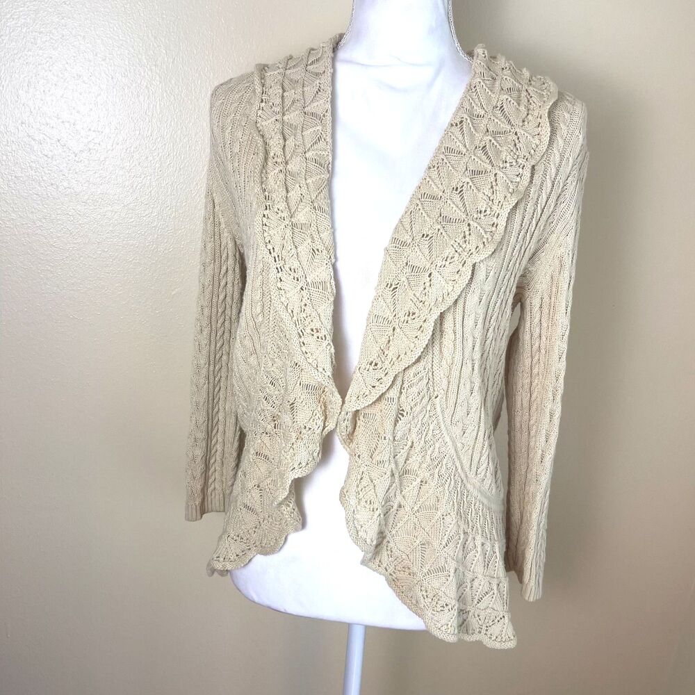 Ralph Lauren Ivory Cable Lace Knit Cardigan S Boho Cottagecore Romantic Sweater - Picture 8 of 16
